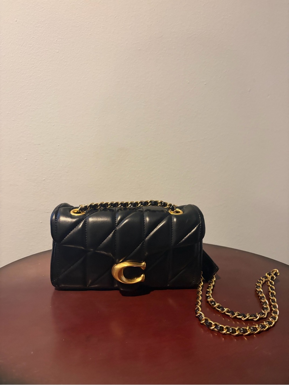 Black Quilted Leather Shoulder Bag with Gold Chain